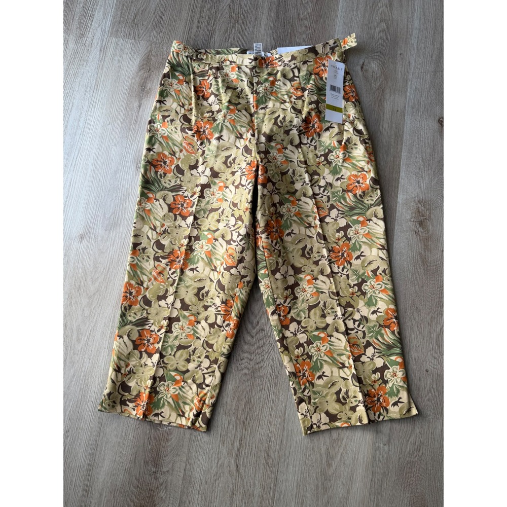 Chaus Secret Stretch Waist Floral Crop Pants Tan Orange Green Size 14 NWT